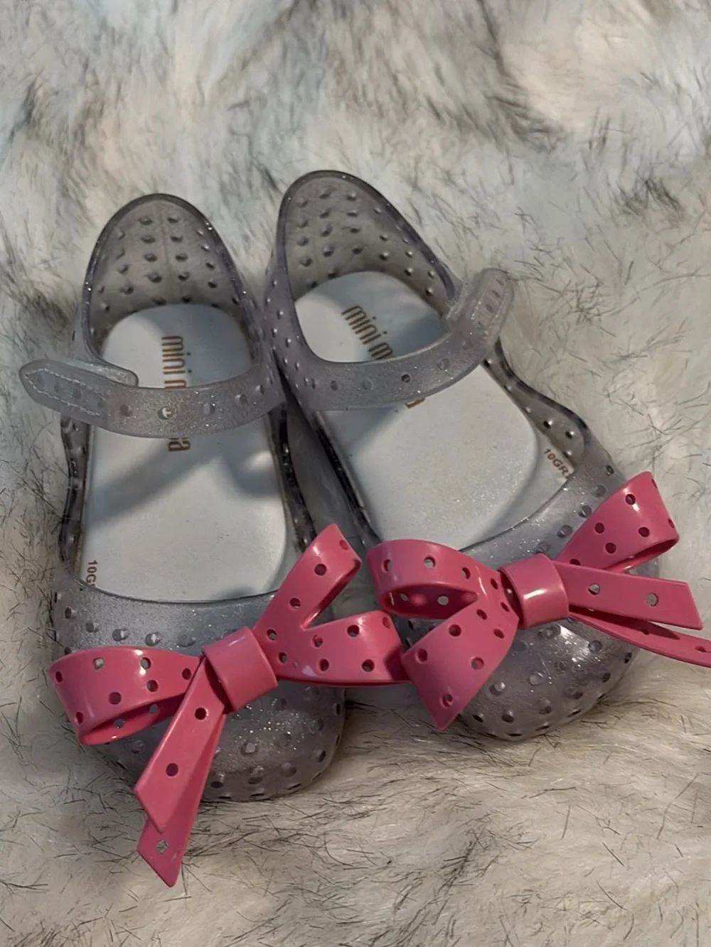 Mini Melissa Silver Jelly Mary Janes with Pink Bow Accents